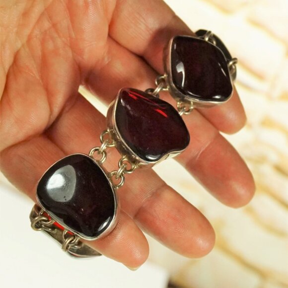 Rare To Find Cherry Amber Link BRACELET in 925 Silver, Heavy Jewelry, OOAK Gift - Picture 11 of 16